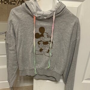 Vintage Gray Mickey Mouse Hoodie with Colorful Drawstrings